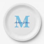 名前をカスタムするモノグラムブルー誕生日赤ちゃんシャワー ペーパープレート (正面)