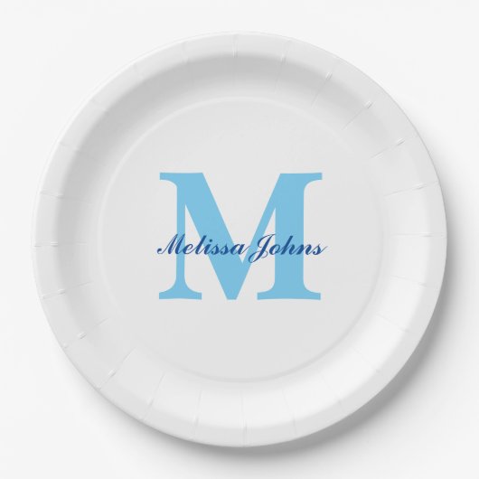 名前をカスタムするモノグラムブルー誕生日赤ちゃんシャワー ペーパープレート (正面)