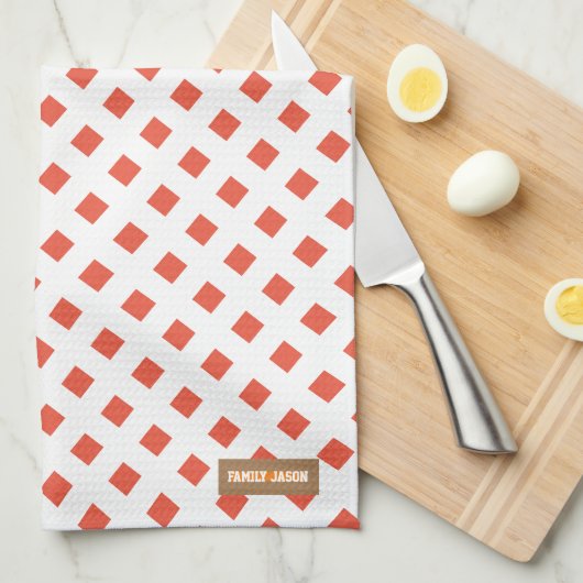 名前をカスタムするモノグラムモダン赤ダイヤモンド キッチンタオル (四つ折り)