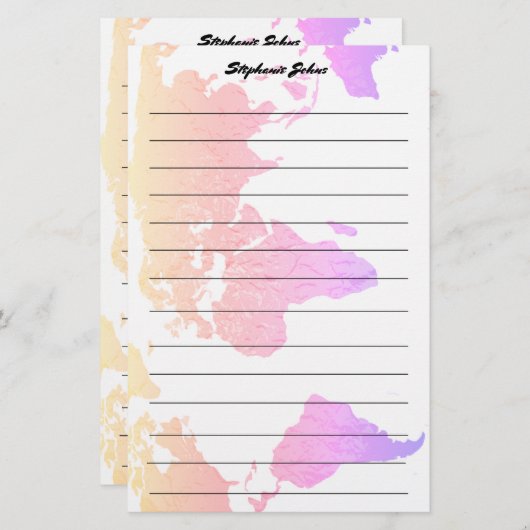 名前をカスタムするモノグラムラインワールドマップピンクアート 便箋 (正面/裏面)