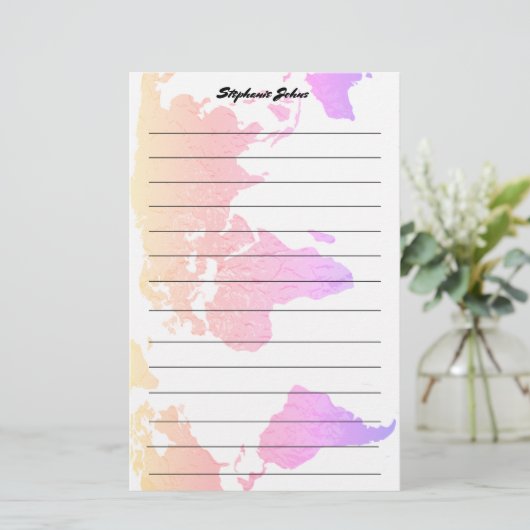 名前をカスタムするモノグラムラインワールドマップピンクアート 便箋 (スタンド正面)