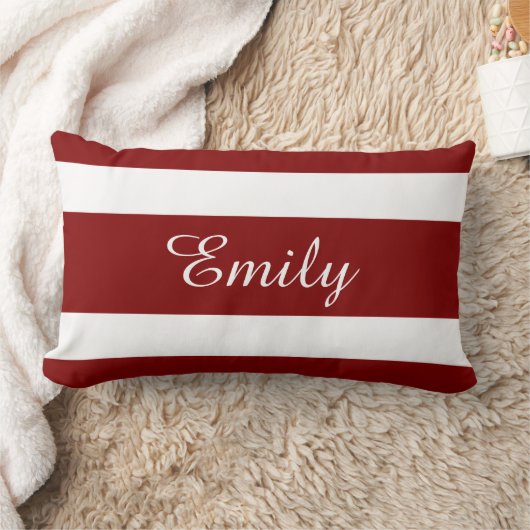 名前をカスタムするモノグラム赤と白ストライプパターン ランバークッション (ブランケット)