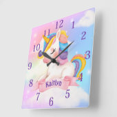 名前をカスタムするユニコーン雲の輝き スクエア壁時計 (傾斜)