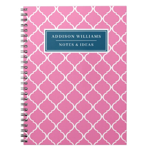 名前をカスタムするユニークブルーピンク格子パターン ノートブック (正面)
