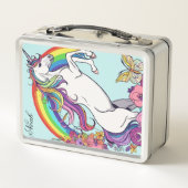 名前をカスタムするユニークユニコーン花柄デザイン メタルランチボックス (裏面)