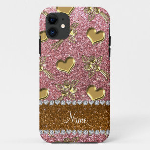 名前をカスタムするライトピンクグリッター金ゴールドバラハート iPhone 11 ケース