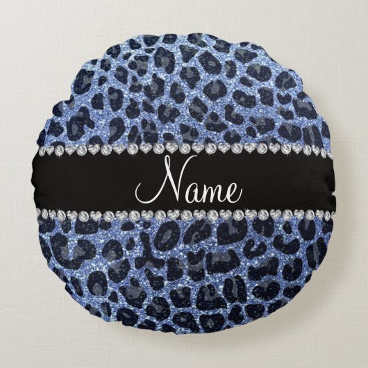 名前をカスタムするライトブルーグリッターヒョウ柄 ラウンドクッション (正面)