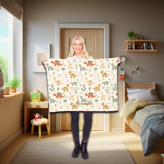 名前をカスタムするリトル恐竜ベージュニュートラルトーン フリースブランケット