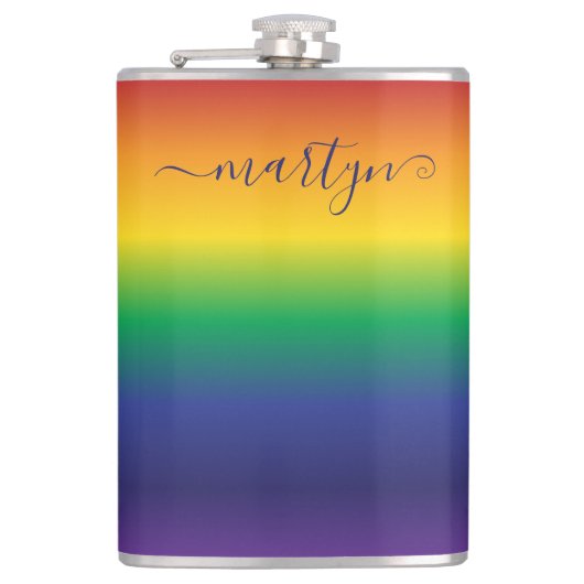 名前をカスタムするレインボーカラーストライプ フラスク (正面)
