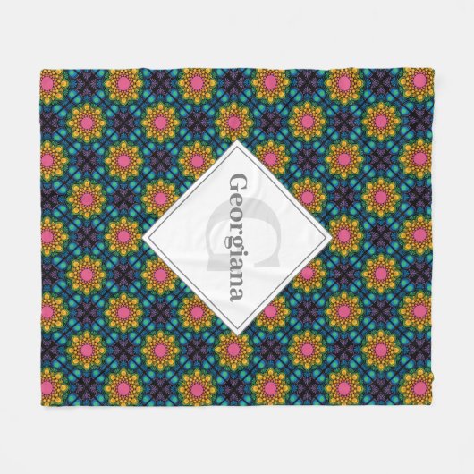 名前をカスタムするレインボーフローラファウンテンダイヤモンドタイル フリースブランケット (正面(横))