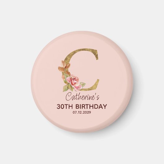 名前をカスタムするレターC金ゴールド赤面ピンクローズ マグネット (正面)