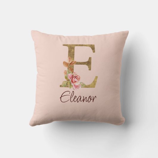 名前をカスタムするレターEゴールドフォイル赤面ピンクローズ クッション (裏面)