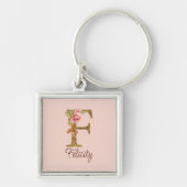 名前をカスタムするレターFゴールドフォイル赤面ピンクローズ キーホルダー (正面)