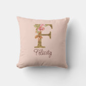 名前をカスタムするレターFゴールドフォイル赤面ピンクローズ クッション (正面)