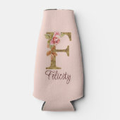 名前をカスタムするレターFゴールドフォイル赤面ピンクローズ ボトルクーラー (正面)
