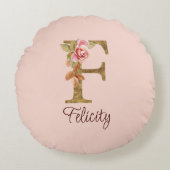 名前をカスタムするレターFゴールドフォイル赤面ピンクローズ ラウンドクッション (正面)