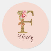 名前をカスタムするレターFゴールドフォイル赤面ピンクローズ ラウンドシール (正面)
