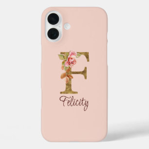 名前をカスタムするレターFゴールドフォイル赤面ピンクローズ iPhone 16 PLUSケース