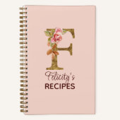 名前をカスタムするレターF金ゴールド赤面ピンクローズレシピ ノートブック (正面)