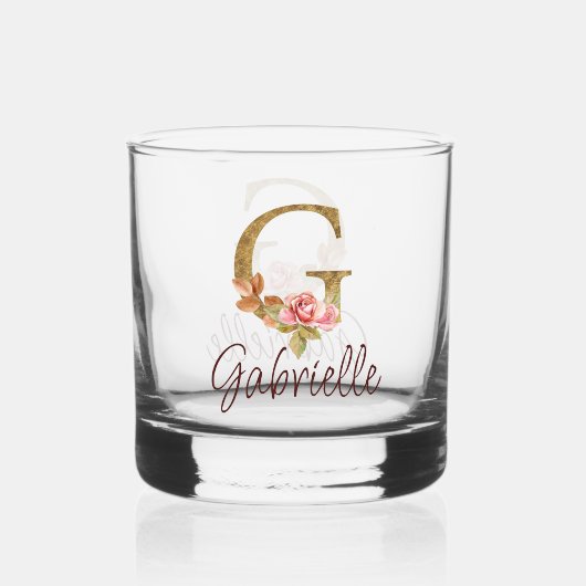 名前をカスタムするレターGゴールドフォイル赤面ピンクローズ ウイスキーグラス (正面)