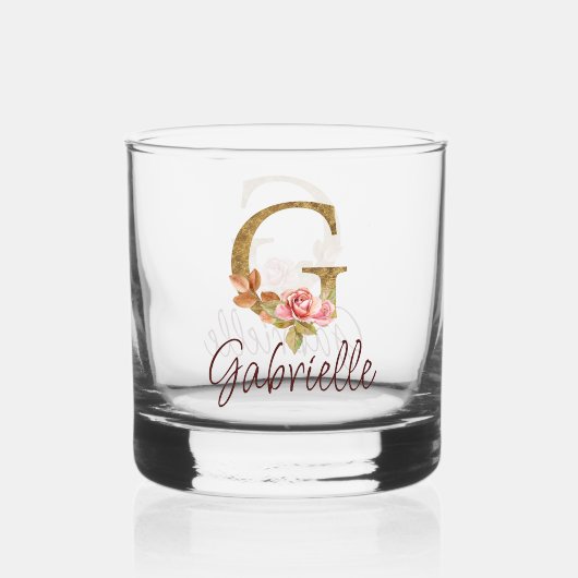 名前をカスタムするレターGゴールドフォイル赤面ピンクローズ ウイスキーグラス (裏面)