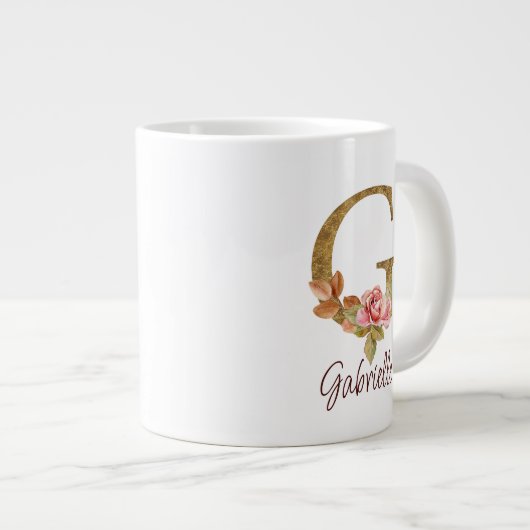 名前をカスタムするレターGゴールドフォイル赤面ピンクローズ ジャンボコーヒーマグカップ (正面右)