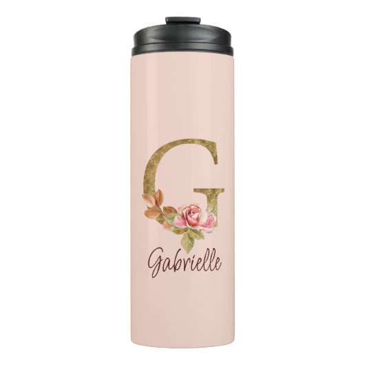 名前をカスタムするレターGゴールドフォイル赤面ピンクローズ タンブラー (正面)