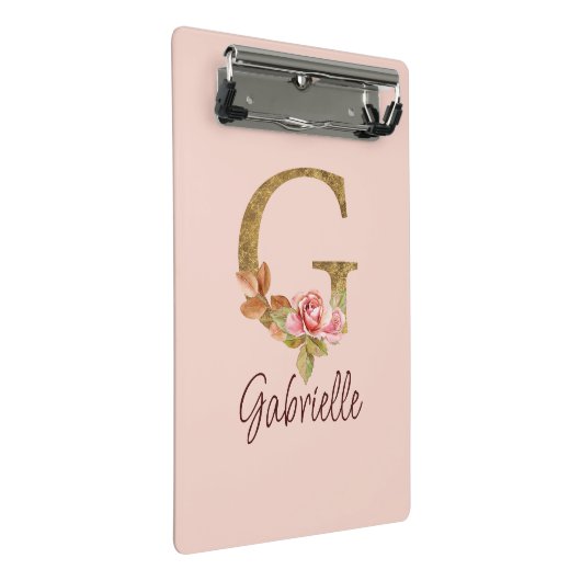 名前をカスタムするレターGゴールドフォイル赤面ピンクローズ ミニクリップボード (アングル)