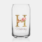 名前をカスタムするレターHゴールドフォイル赤面ピンクローズ ガラス缶 (正面)