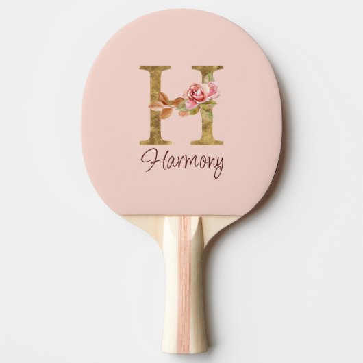 名前をカスタムするレターHゴールドフォイル赤面ピンクローズ 卓球ラケット (正面)