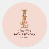 名前をカスタムするレターI金ゴールド赤面ピンクローズ ラウンドシール (正面)