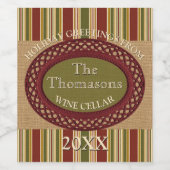 名前をカスタムするレッドグリーンストライプズフェイクジュテバーラップ ワインラベル (シングルラベル)