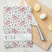 名前をカスタムするレッドグレースカンジナビア花パターン キッチンタオル (四つ折り)