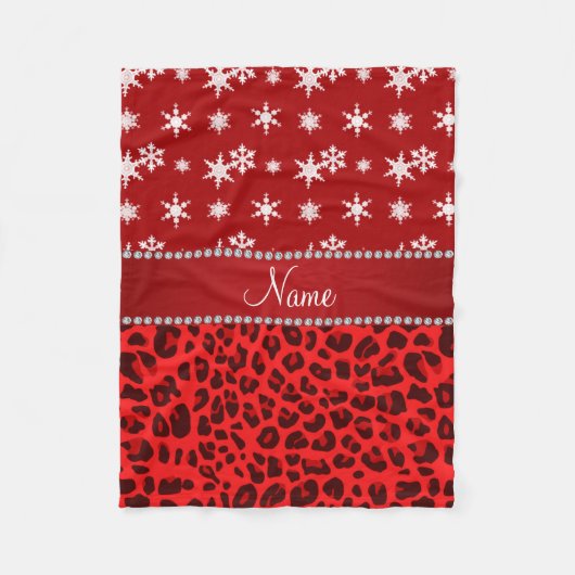 名前をカスタムするレッドヒョウ赤い雪ストライプ片 フリースブランケット (正面)