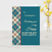 名前をカスタムするレッドブルーマドラスチェック誕生日 カード (黄色い花)
