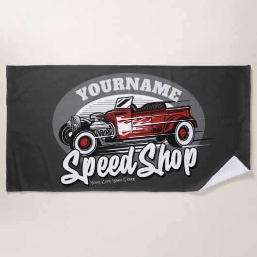 名前をカスタムするレッドロ改造ードスタースピードショップガレージ ビーチタオル (正面)