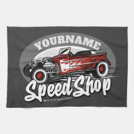 名前をカスタムするレッド改造ロードスタースピードショップガレージ キッチンタオル
