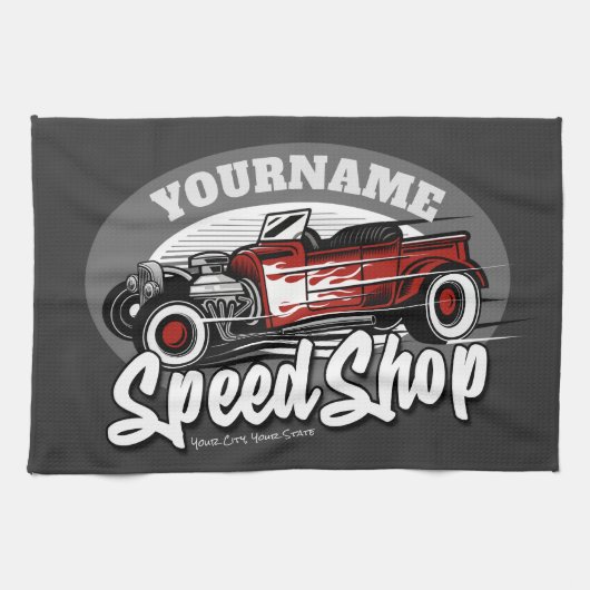 名前をカスタムするレッド改造ロードスタースピードショップガレージ キッチンタオル (横)