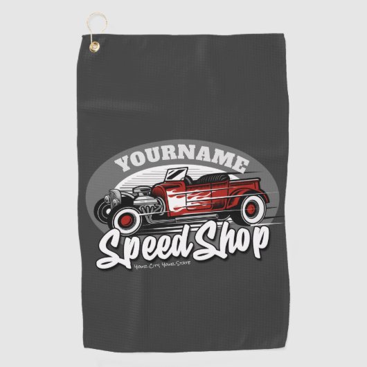 名前をカスタムするレッド改造ロードスタースピードショップガレージ ゴルフタオル (正面)