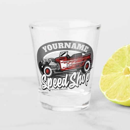 名前をカスタムするレッド改造ロードスタースピードショップガレージ ショットグラス (正面)