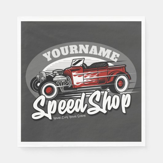 名前をカスタムするレッド改造ロードスタースピードショップガレージ スタンダードランチョンナプキン (正面)