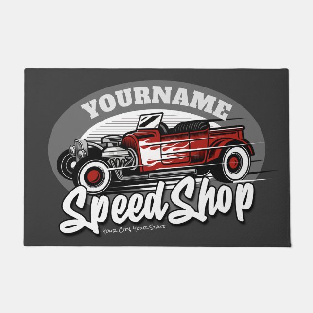 名前をカスタムするレッド改造ロードスタースピードショップガレージ ドアマット (正面)