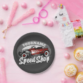 名前をカスタムするレッド改造ロードスタースピードショップガレージ ペーパープレート (パーティー)
