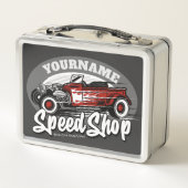 名前をカスタムするレッド改造ロードスタースピードショップガレージ メタルランチボックス (裏面)
