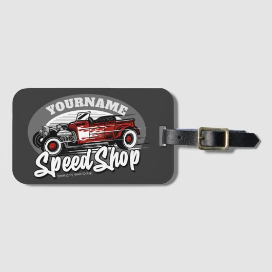 名前をカスタムするレッド改造ロードスタースピードショップガレージ ラゲッジタグ (正面横)