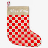 名前をカスタムするレッド金ゴールドポープリントパタ市松模様にーンペット スモールクリスマスストッキング (正面)