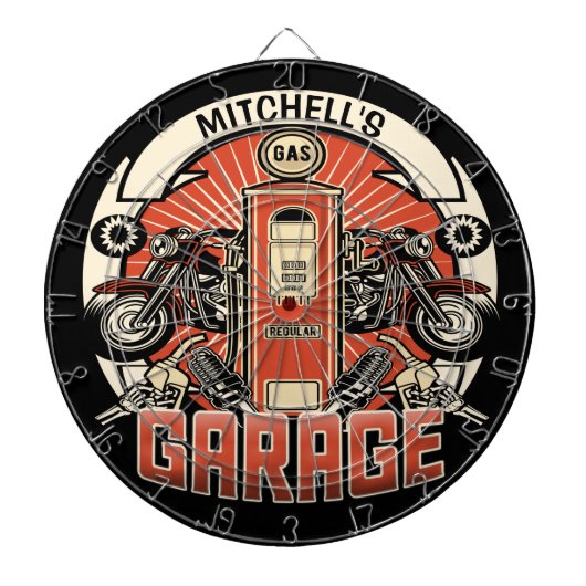 名前をカスタムするレトロガスポンプオートバイバイクもしくは自転車に乗る人車庫 ダーツボード (正面)