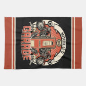 名前をカスタムするレトロガスポンプ自動二輪車バイクもしくは自転車に乗る人車庫 キッチンタオル (横)