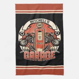 名前をカスタムするレトロガスポンプ自動二輪車バイクもしくは自転車に乗る人車庫 キッチンタオル