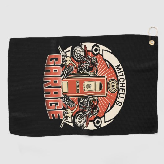 名前をカスタムするレトロガスポンプ自動二輪車バイクもしくは自転車に乗る人車庫 ゴルフタオル (横)